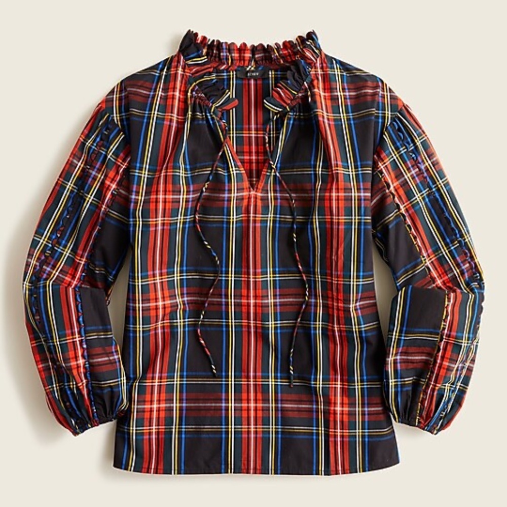 J. Crew Scalloped Tie-Neck Top in Stewart Tartan  (NWOT)